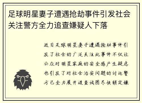 足球明星妻子遭遇抢劫事件引发社会关注警方全力追查嫌疑人下落